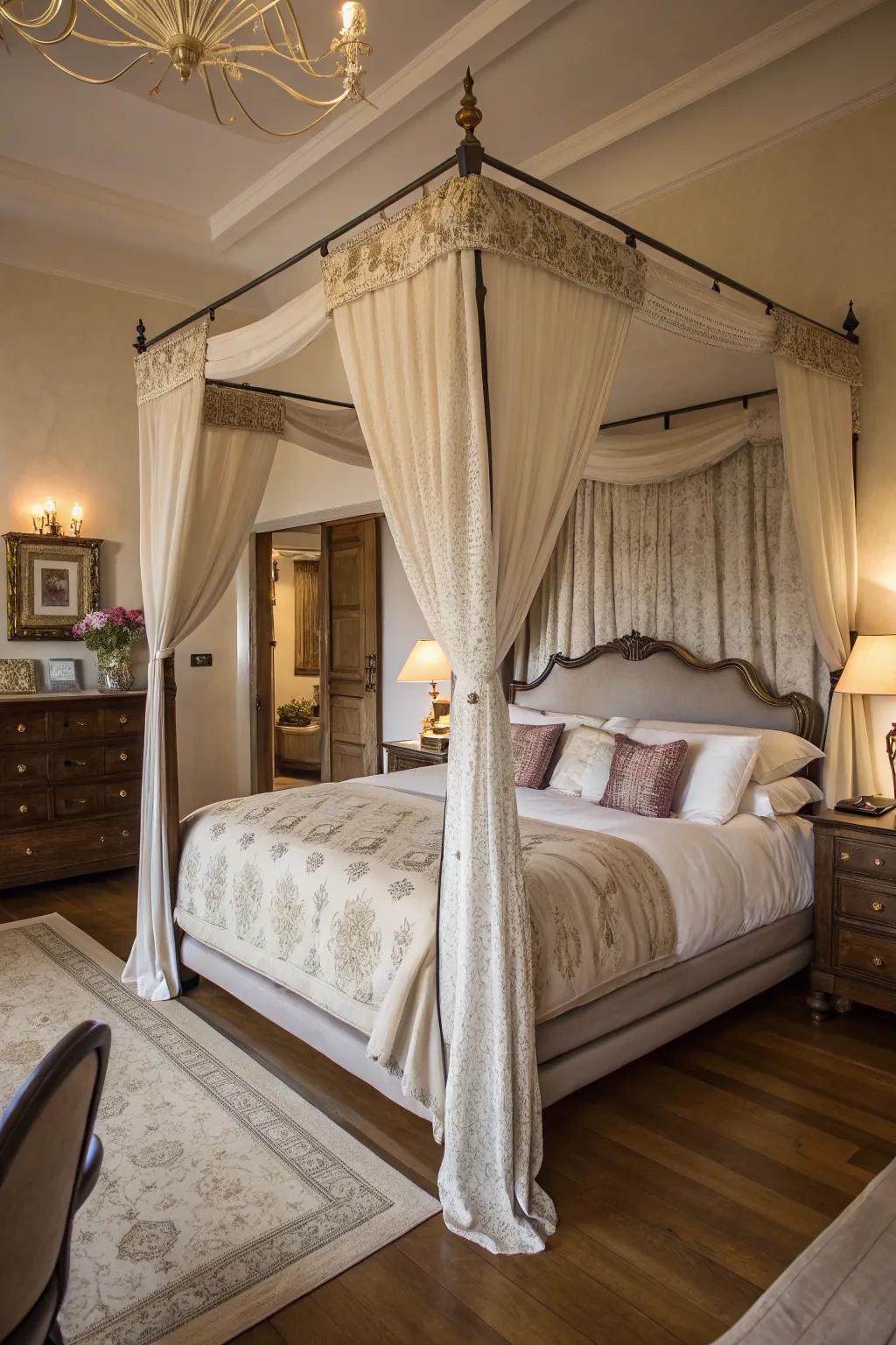 A bedroom centered around an elegant four-poster bed.