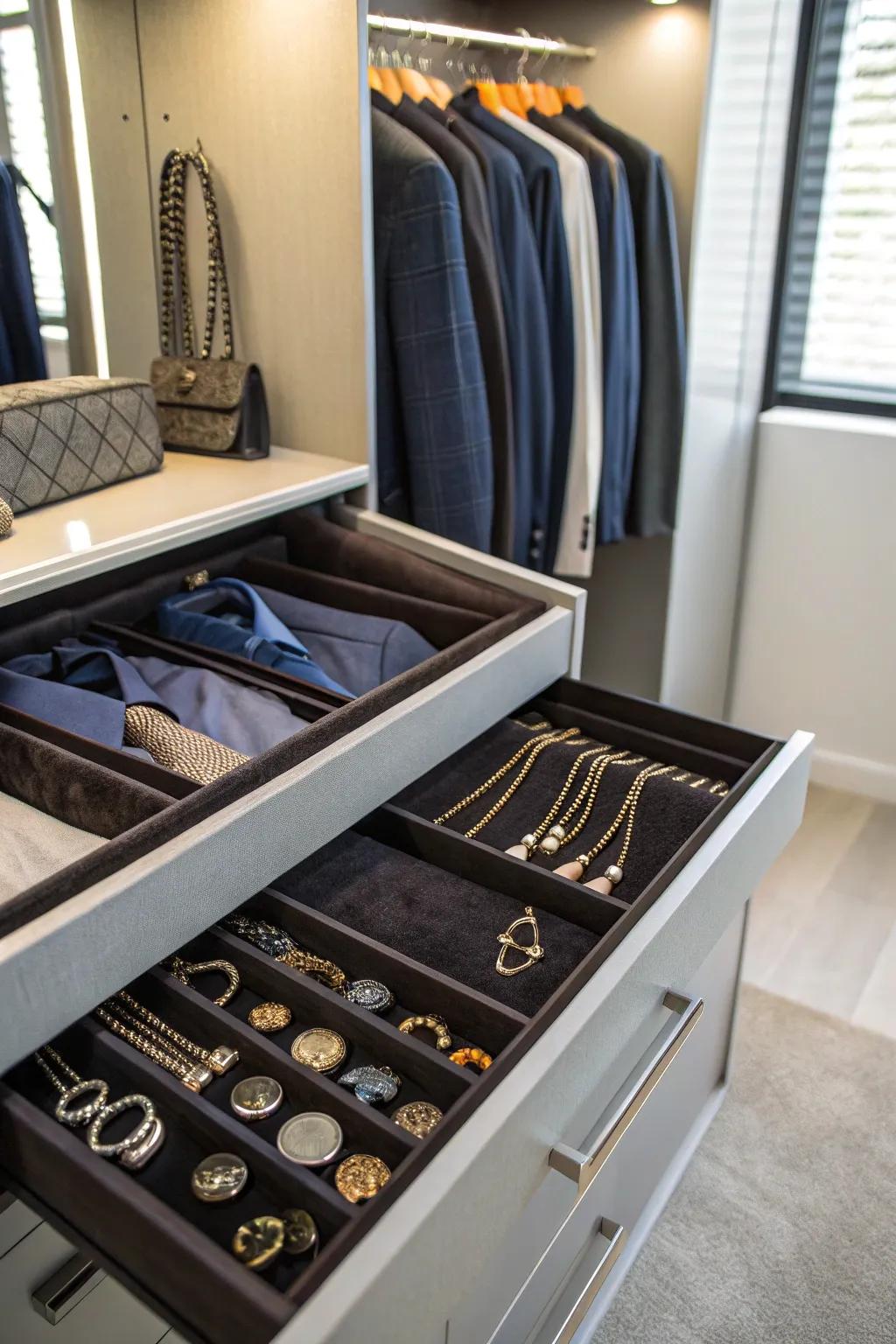 A hidden drawer that safely organizes jewelry and accessories.