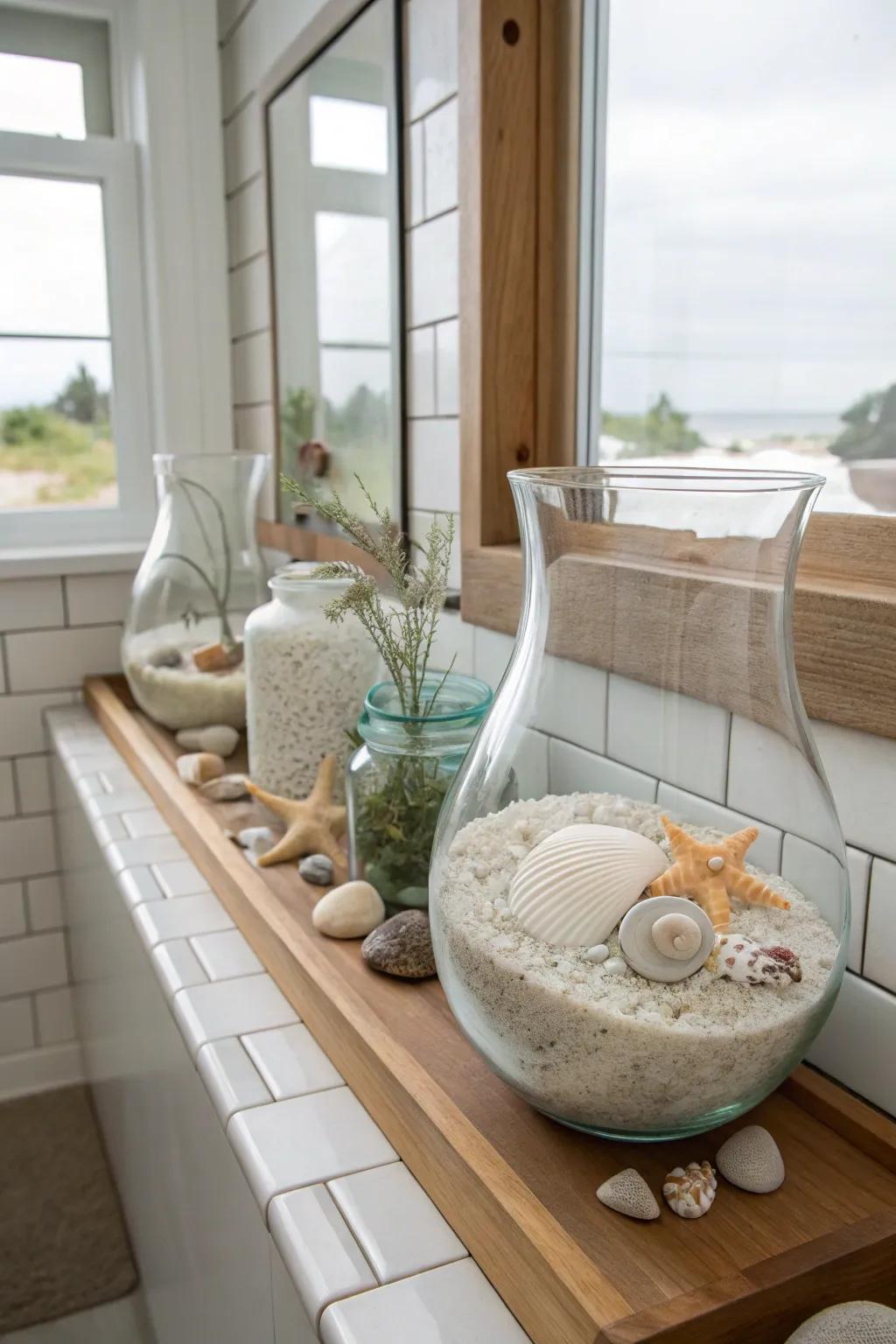 Sea glass containers contribute a subtle coastal elegance to the space.