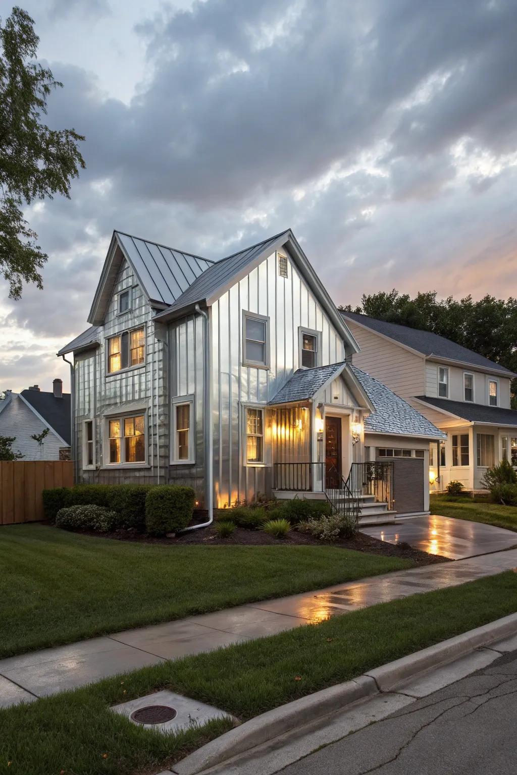 A glamorous neighborhood home with gleaming metallic metal cladding for a dazzling effect.
