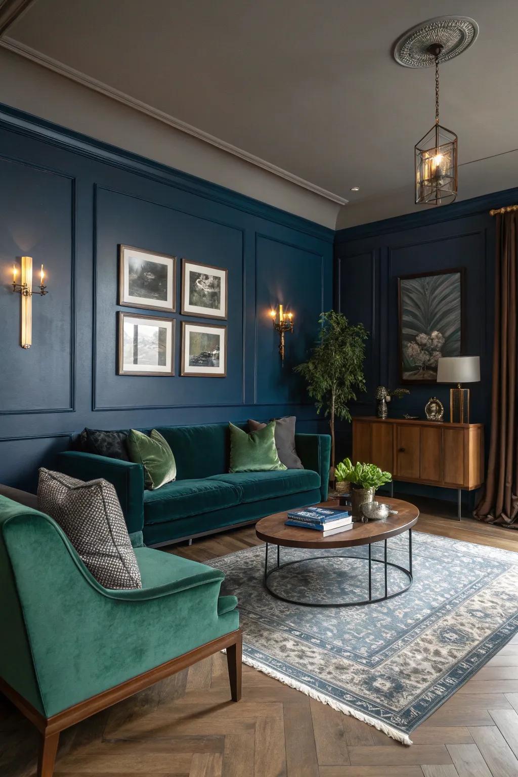 Moody tones such as deep blue and forest green create a sophisticated ambiance in this mid-century modern living room.