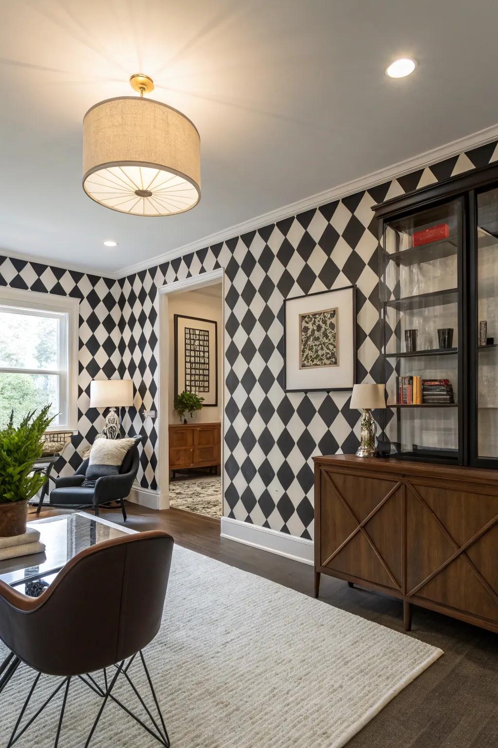 Modern room with checkerboard mid-century wallpaper.