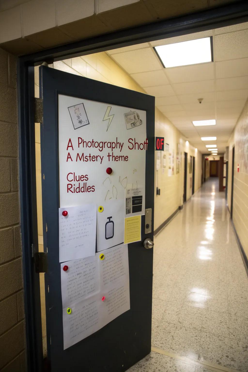A mystery-themed classroom door with engaging clues and riddles.