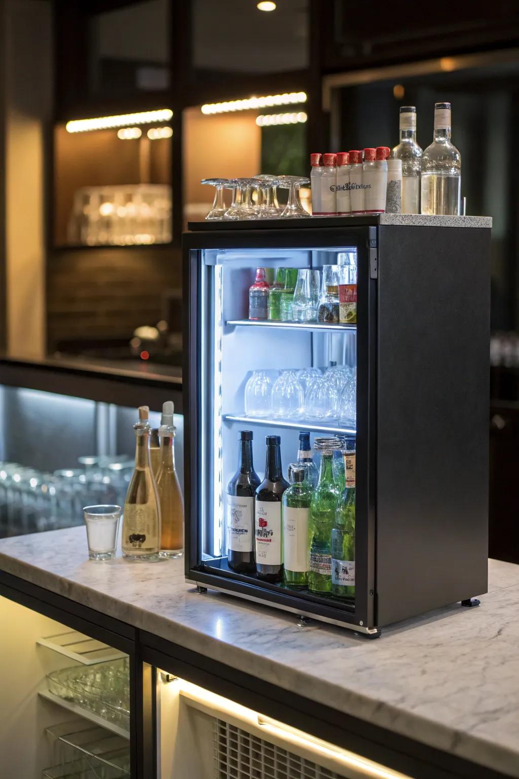 Energy-efficient LEDs keep the mini bar eco-friendly.