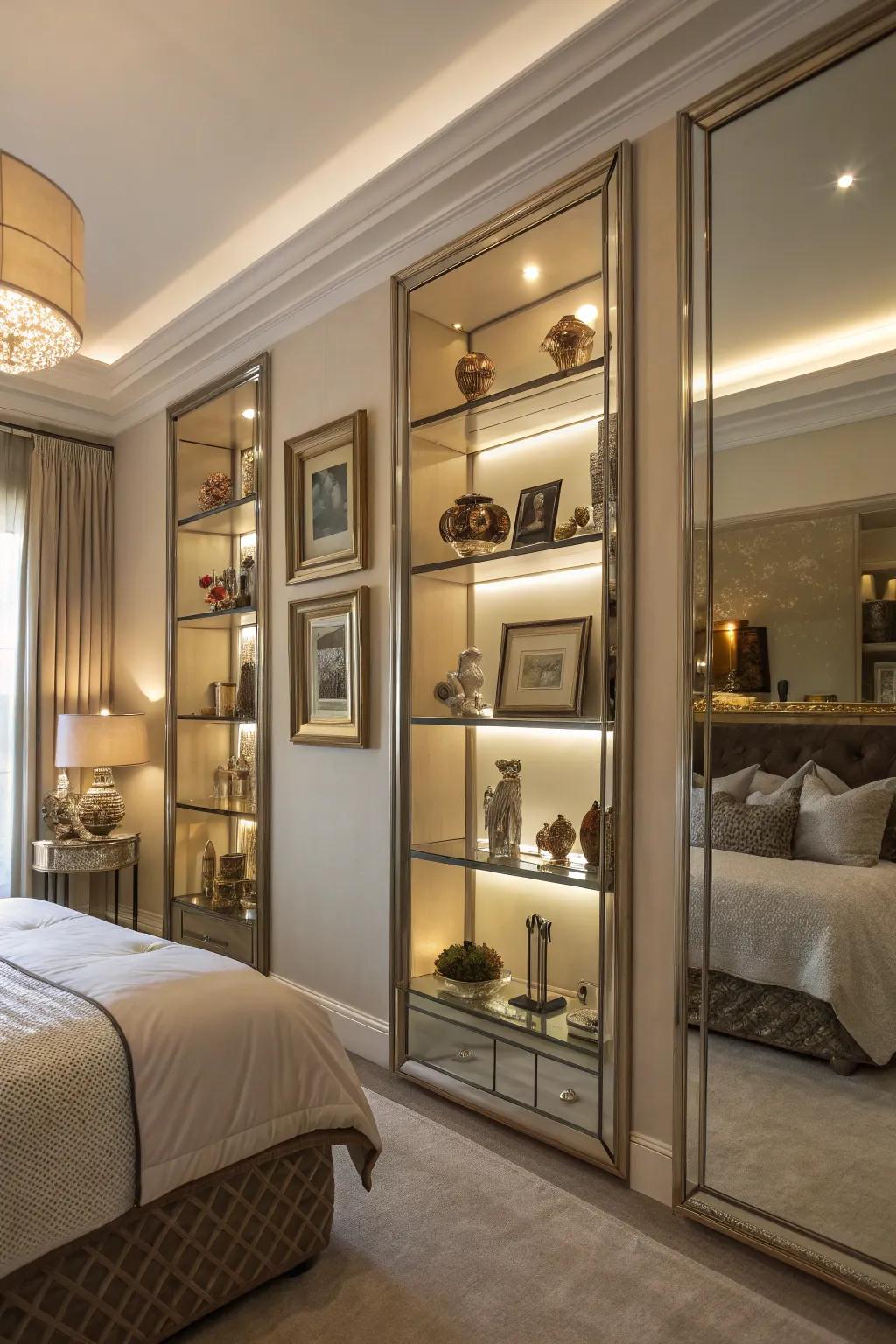 Mirrored shelves enhance aesthetics and stylishly reflect light.