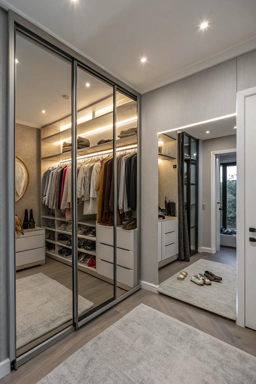 Utilize mirrored doors as dividers in open closet concepts.