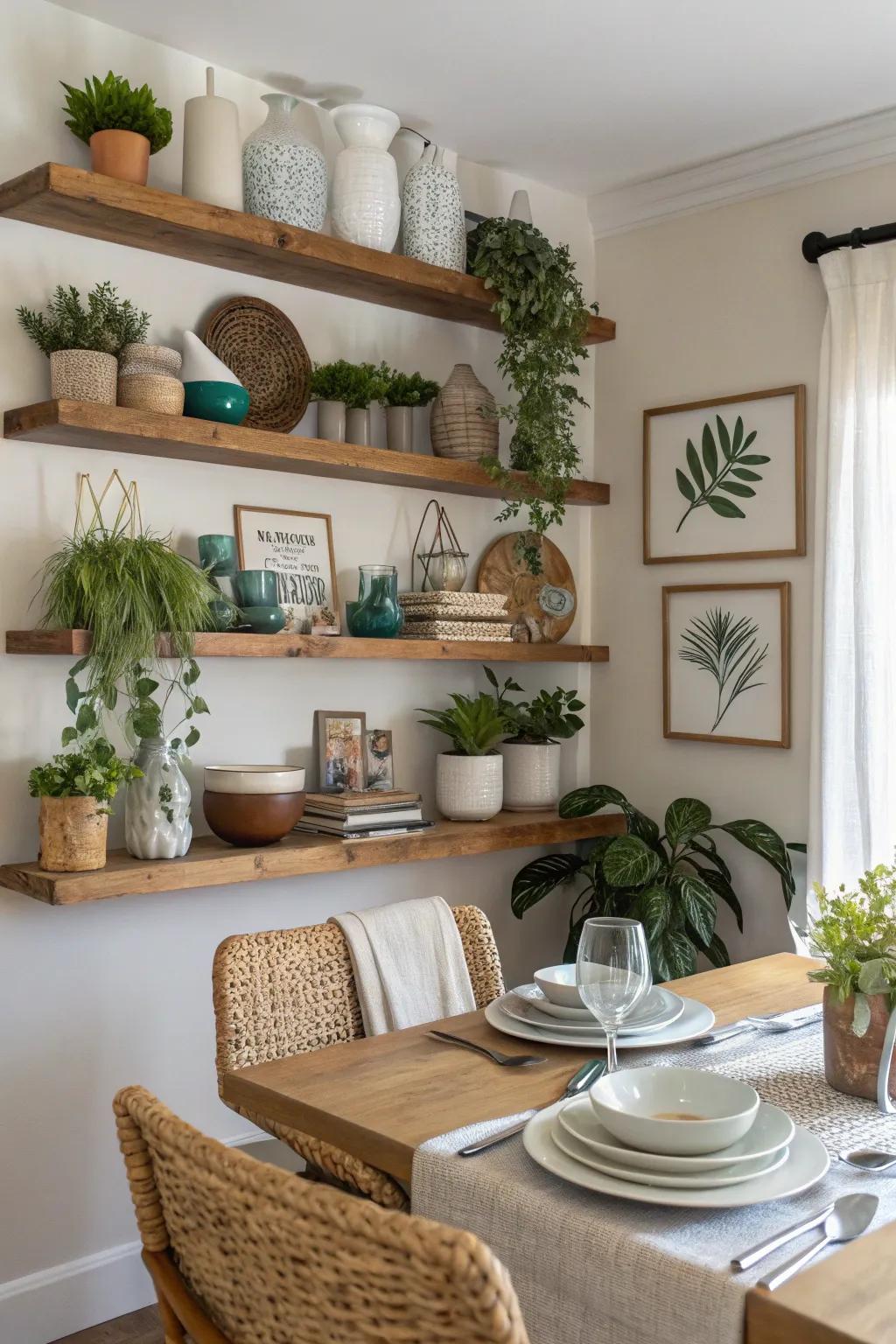 Wall-mounted shelves provide a stylish and practical storage solution.