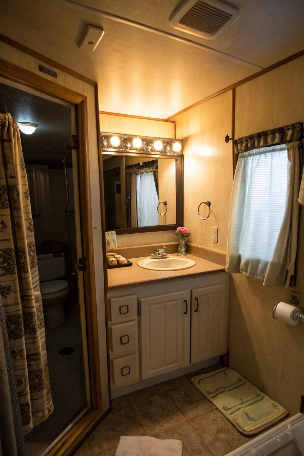 Under-cabinet lighting adds a warm and inviting ambiance to this bathroom.