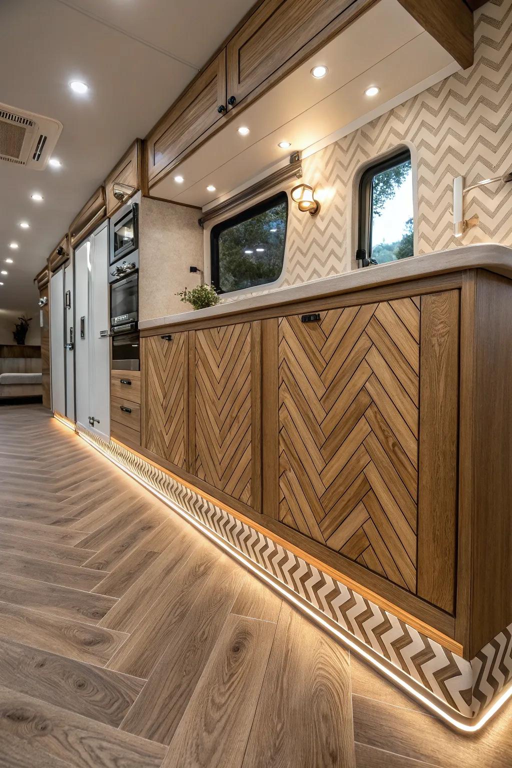 Mixing chevron and herringbone patterns adds layers and sophistication.
