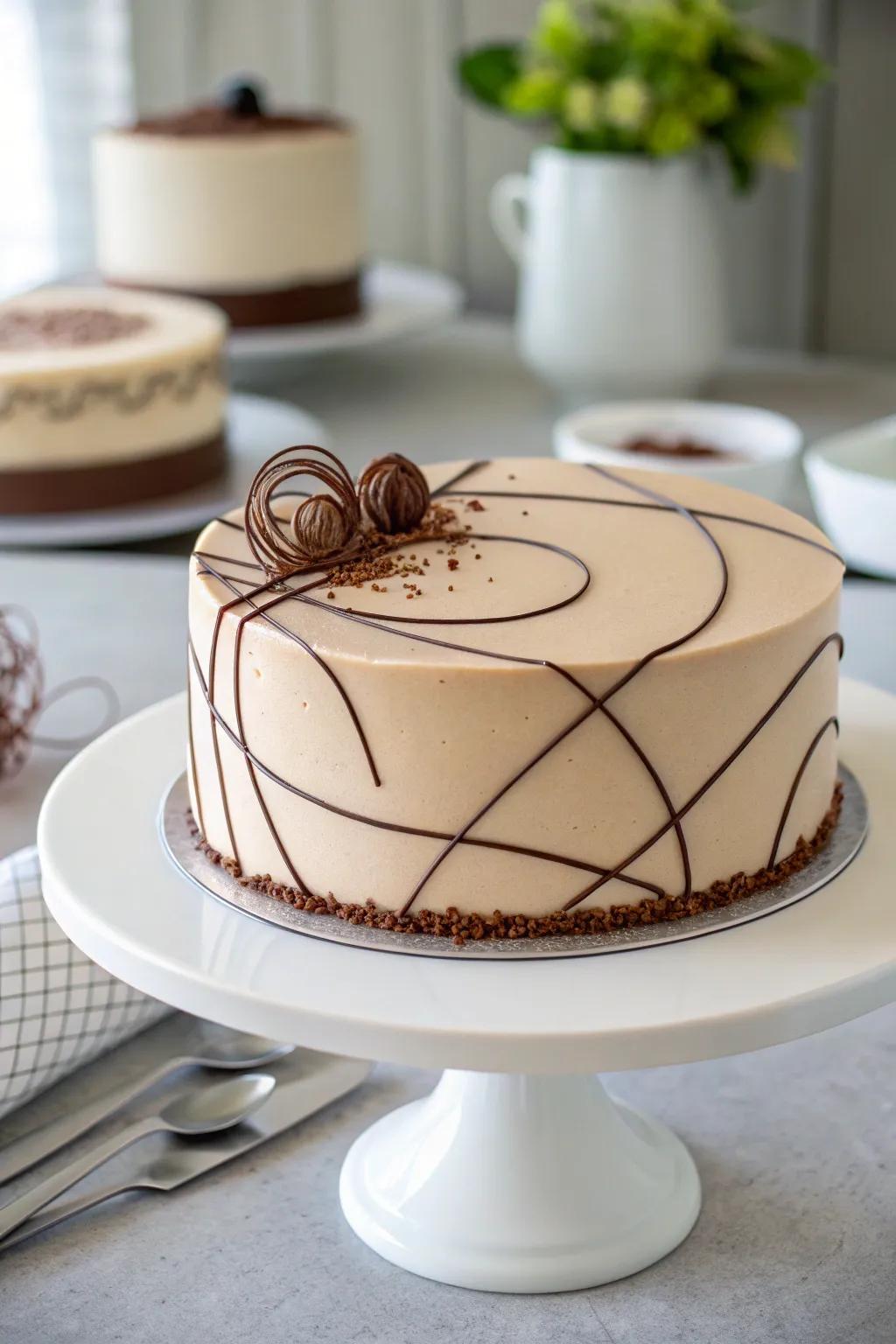 Minimalist chocolate design for an elegant mocha cake presentation.