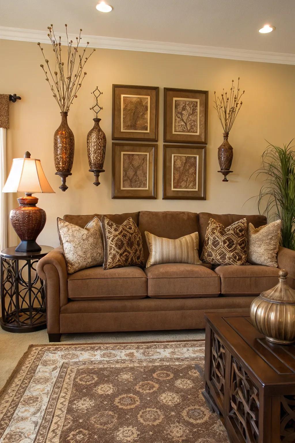 Symmetrical components fashion a symmetrical and harmonious area around the chocolate sofa.