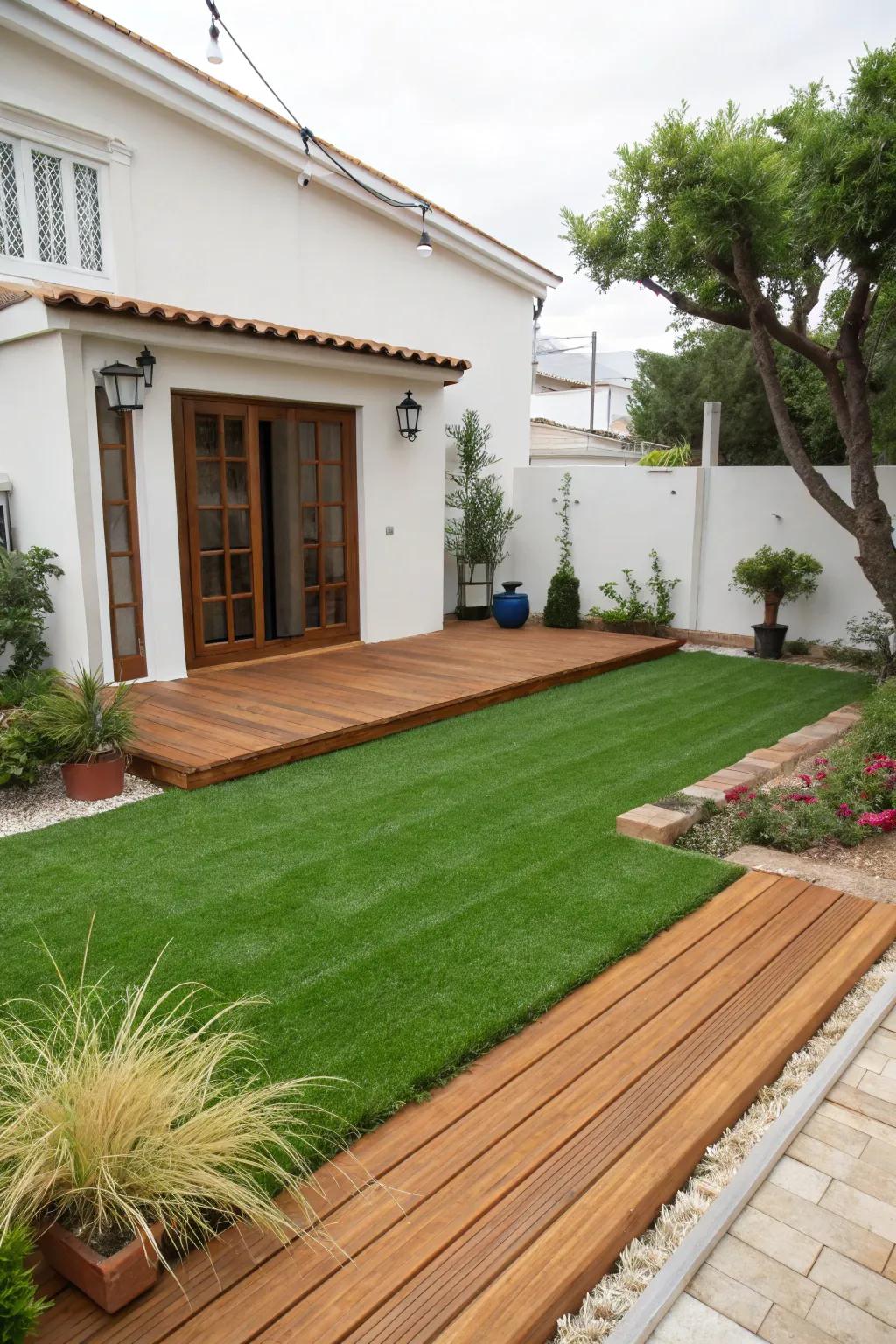 Timber decking complements the artificial turf, creating a cozy corner.