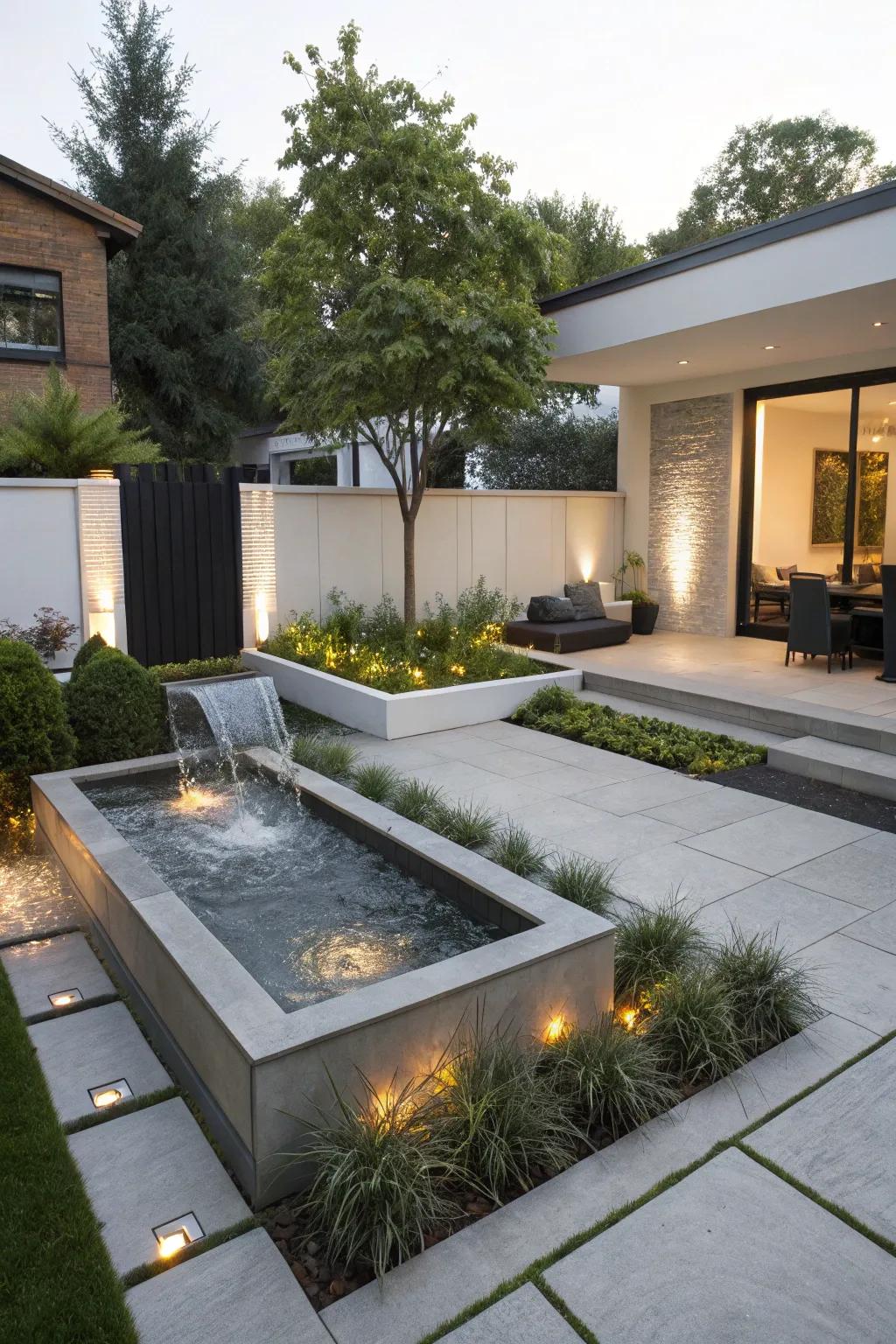 A modern water feature adding tranquility to a backyard.