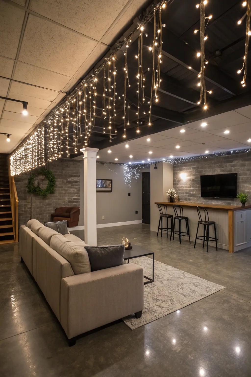 Fairy lights bring a whimsical and cozy touch to the basement.