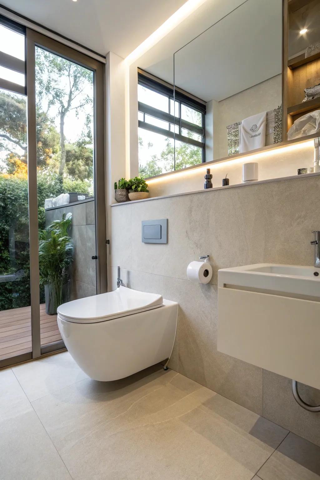 A wall-attached toilet contributes to a clean and streamlined look.