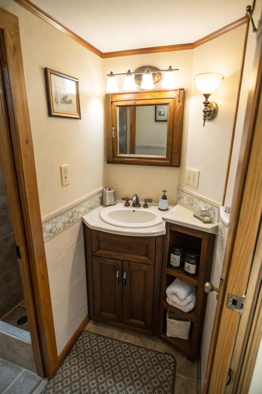 Corner sinks amplify space efficiently.