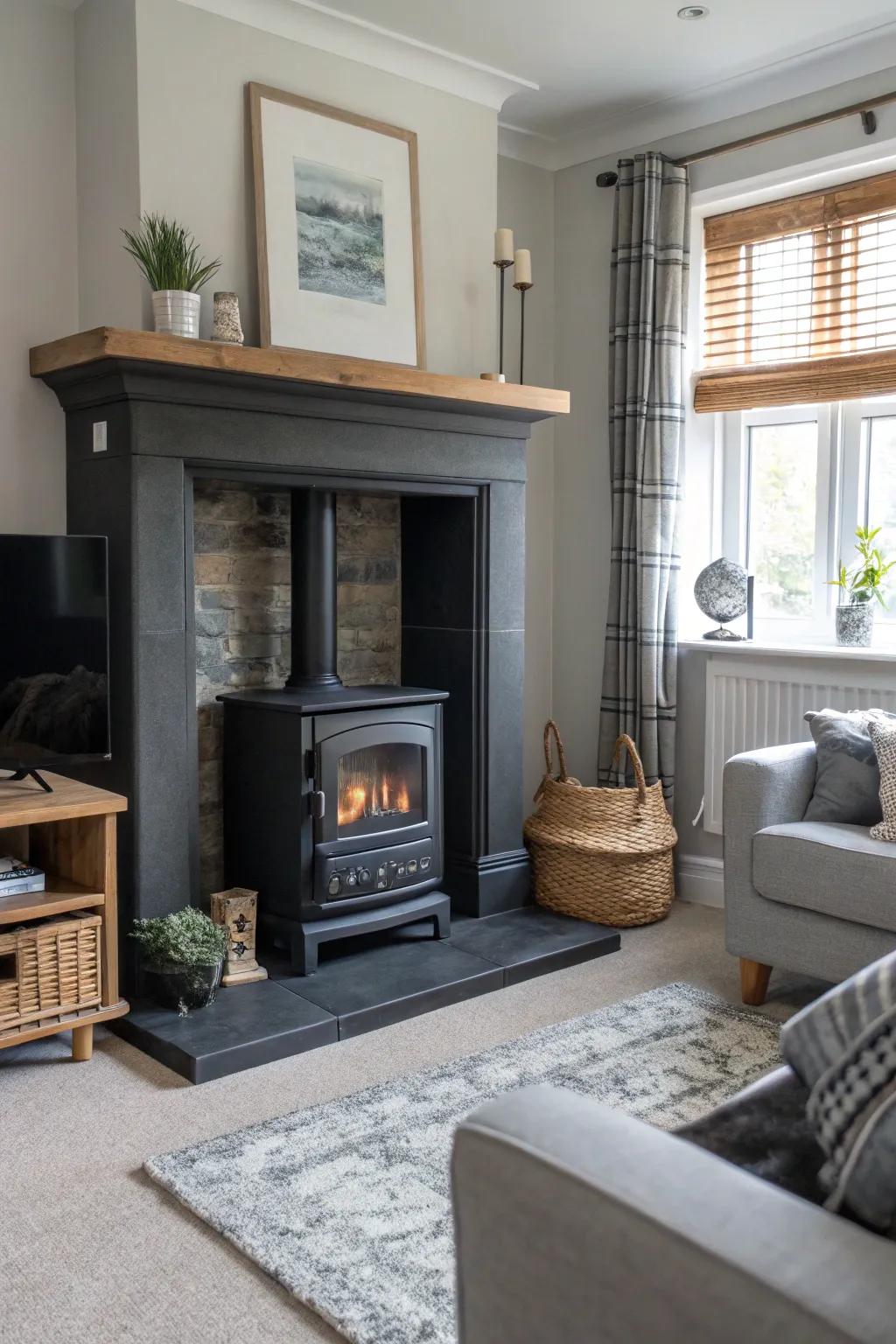 A modern jet and ash fireplace serves as a cozy centre point.