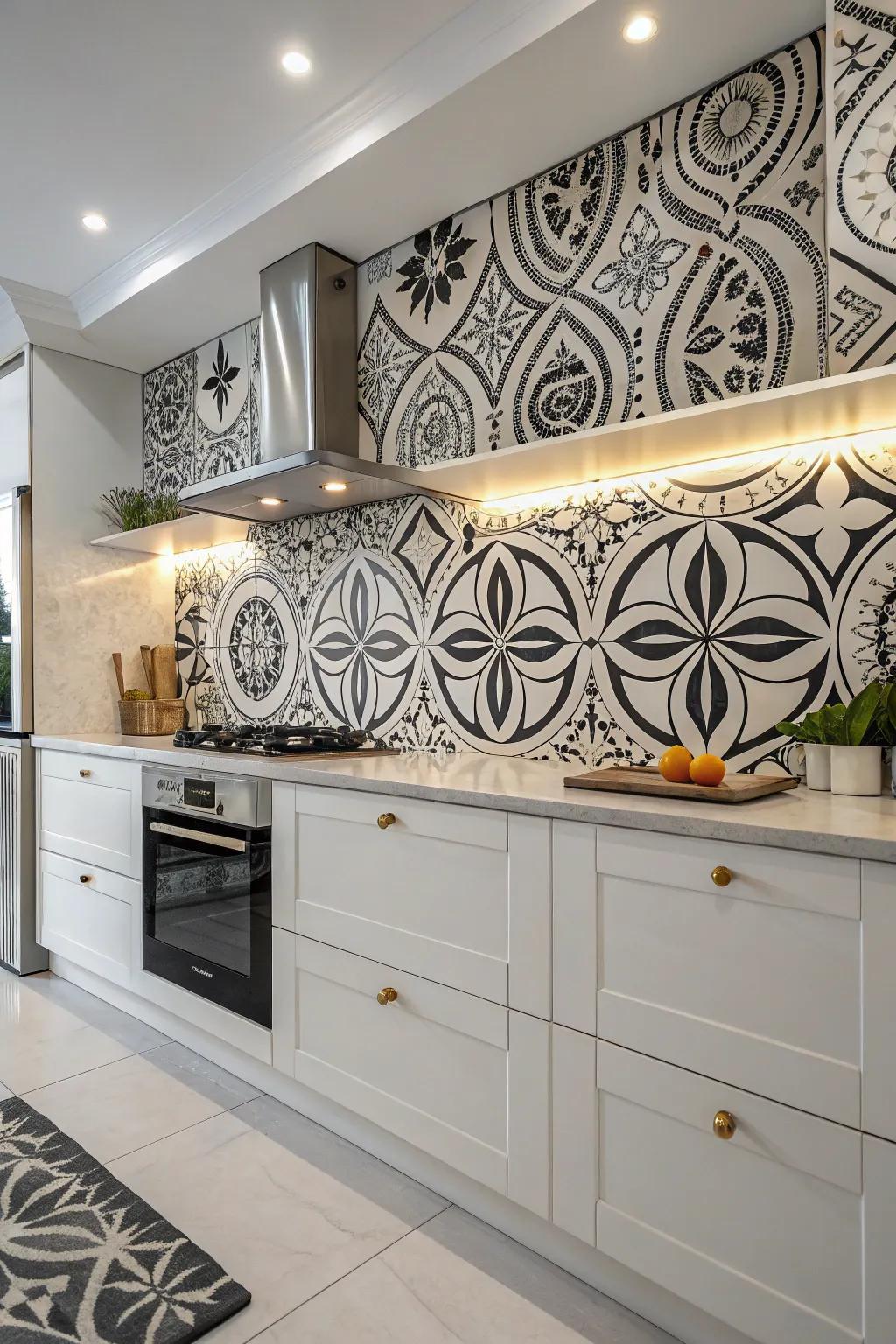 Conceptual patterns turn the backsplash into a piece of art.