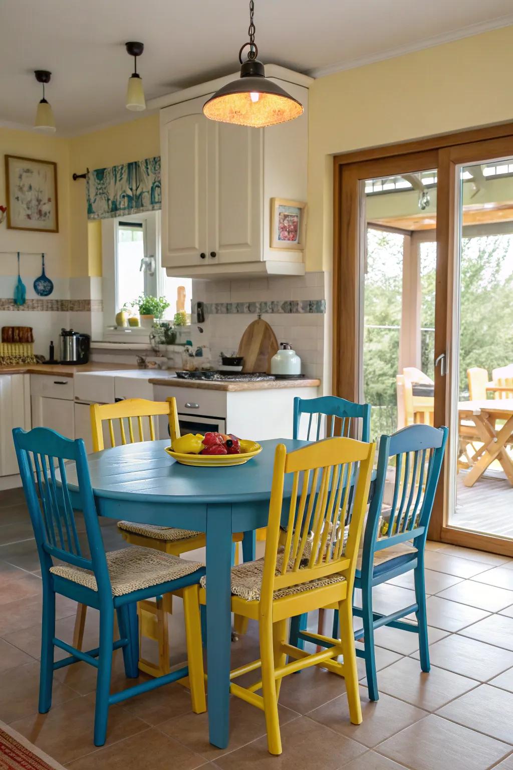 A coordinated dining set seamlessly extends the kitchen's color theme.
