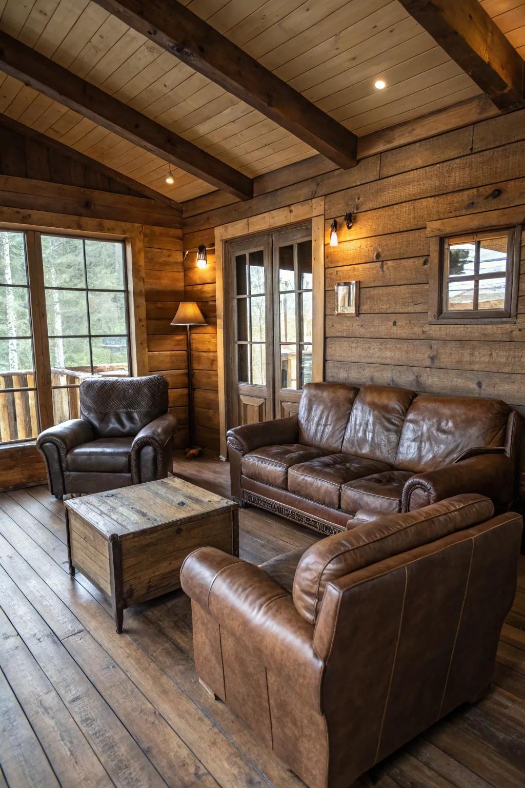 Leather furniture adds texture and warmth to modern cabin decor.