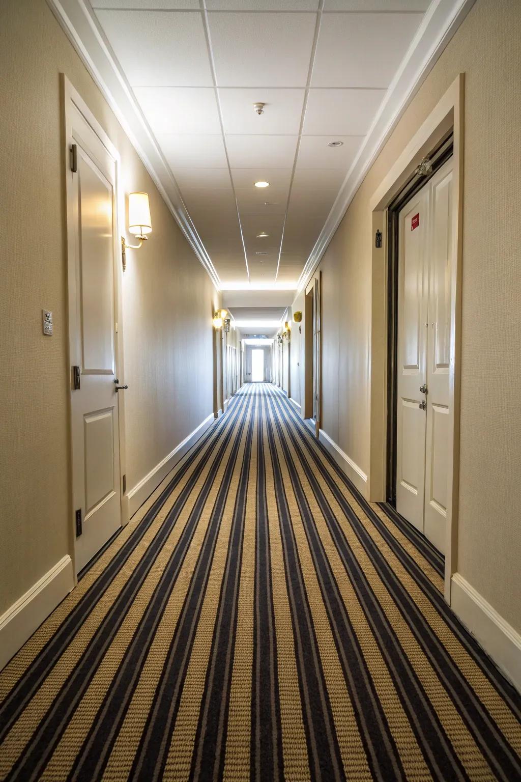 A hallway showcases a striped carpet for a visually elongated result.