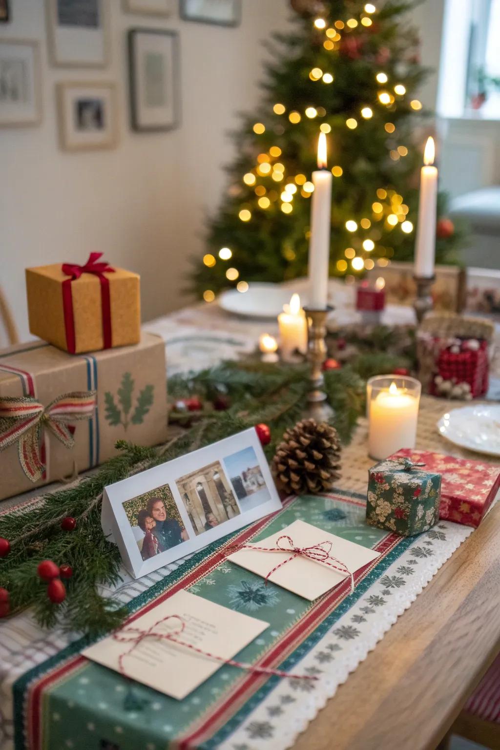 A personalized table setting with homemade place cards and gifts.