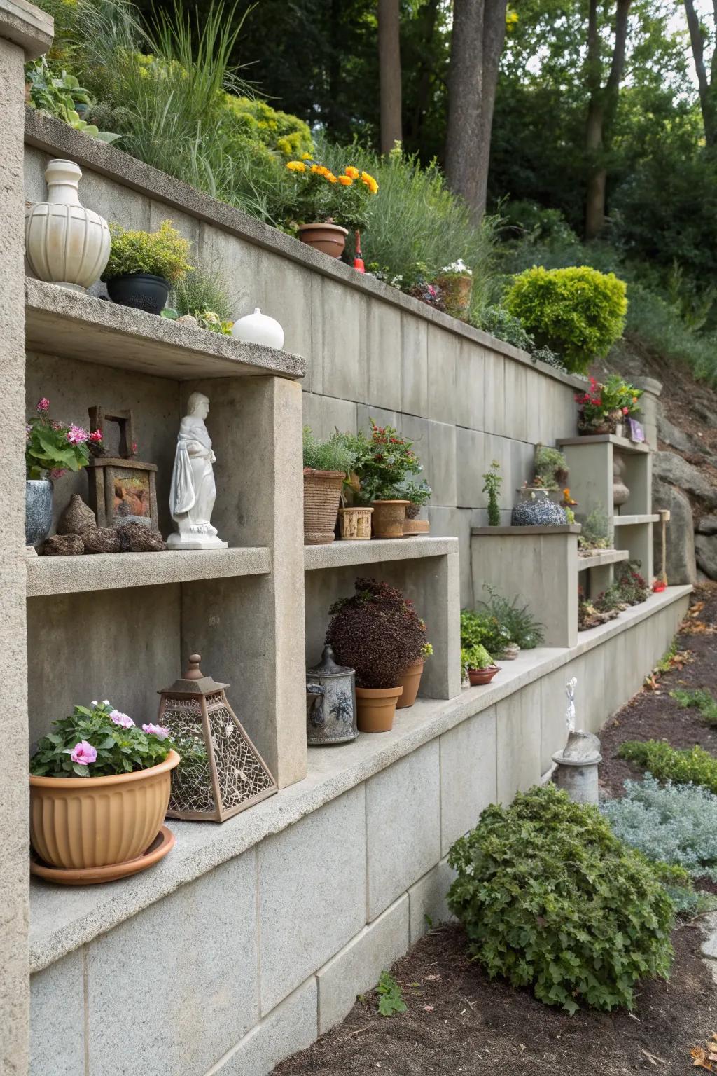 Reinforced wall featuring integrated racks for decor.