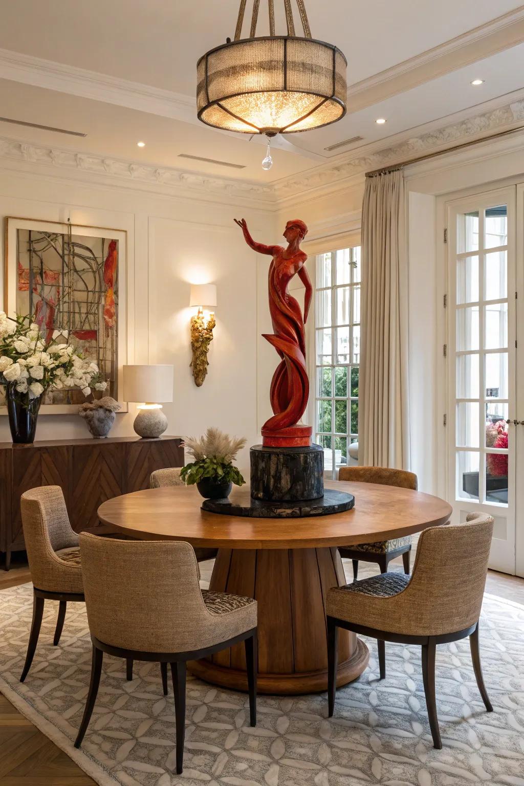 Unexpected elements like sculptures create focal points in the dining area.