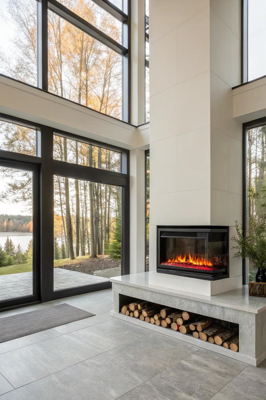 A modern home featuring an energy-efficient electric fireplace with sustainable design.