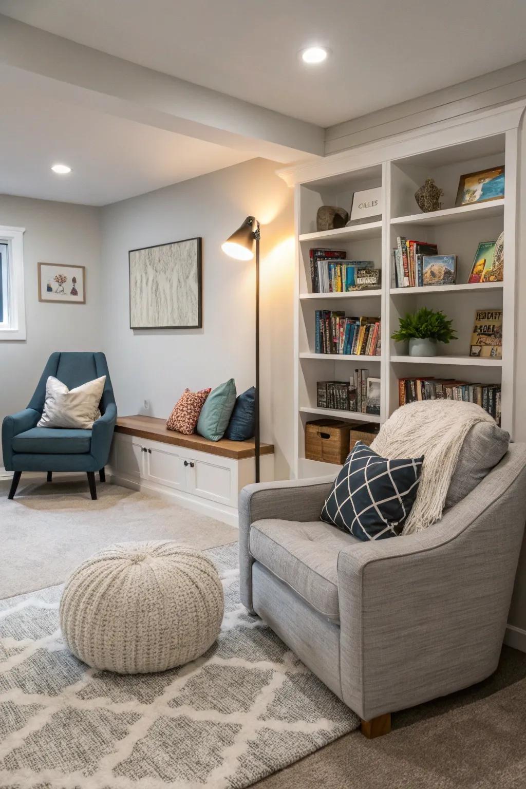 A cozy nook that provides a peaceful retreat within a modern family room.
