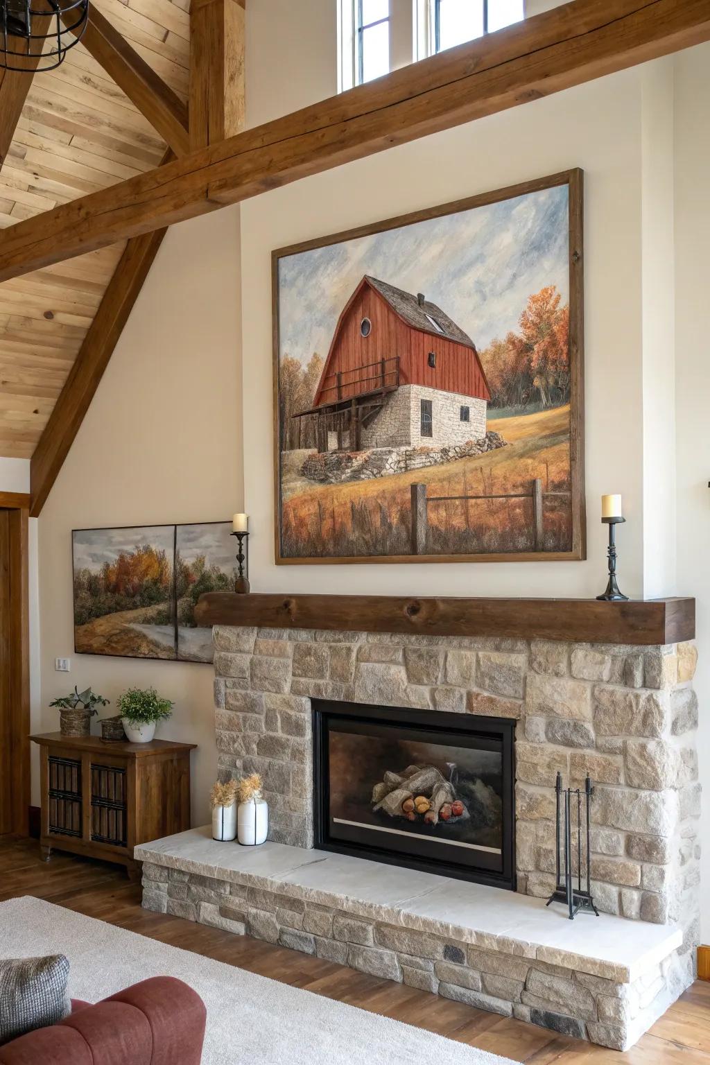 Country-themed artwork contributes an artistic flair to the hearth.