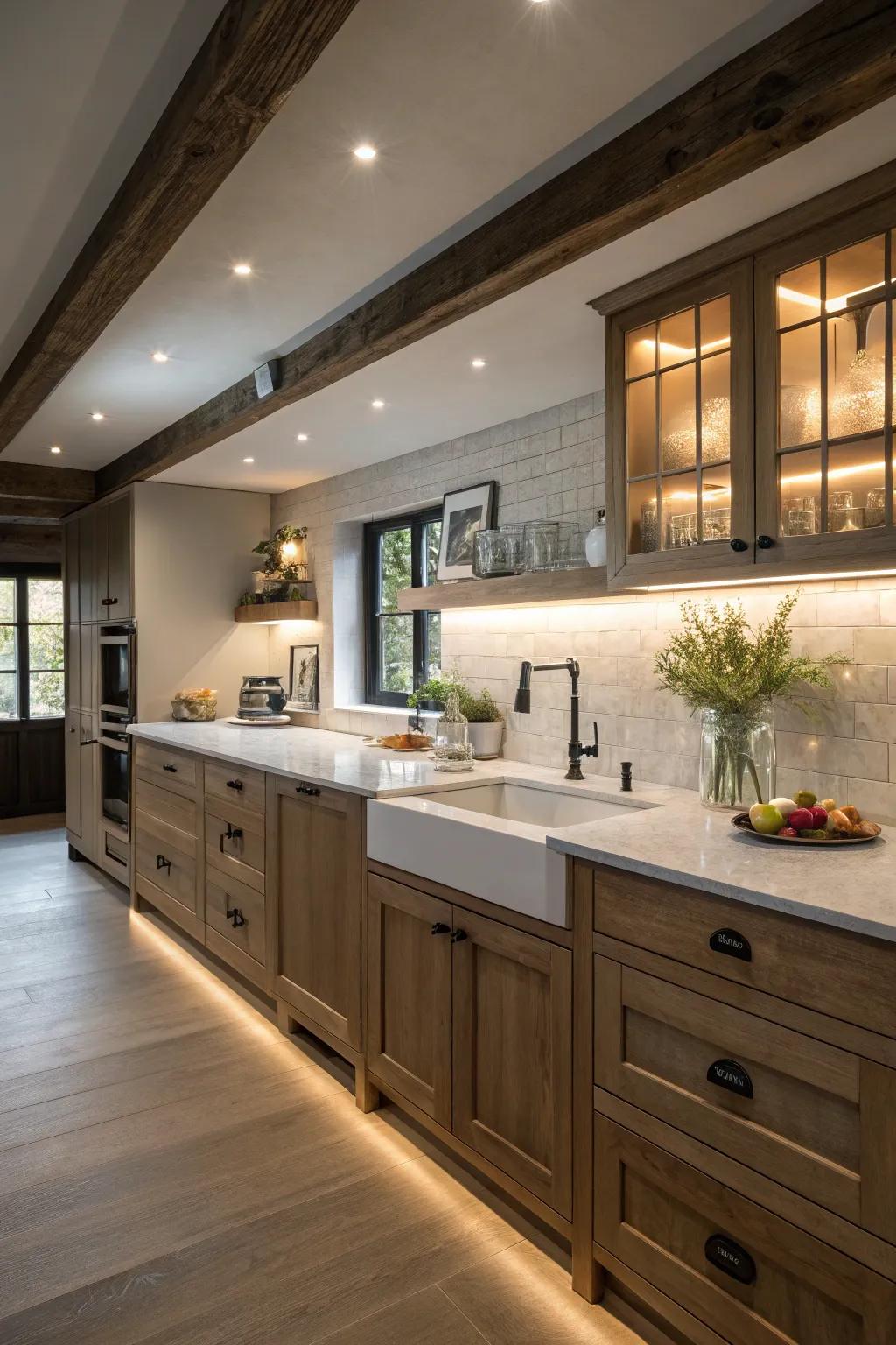 Under-cabinet lighting introduces practicality and flair.