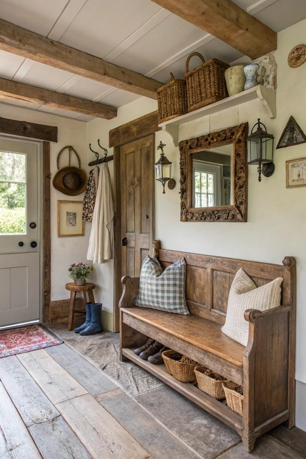 Unique mudroom featuring vintage seat and design elements.