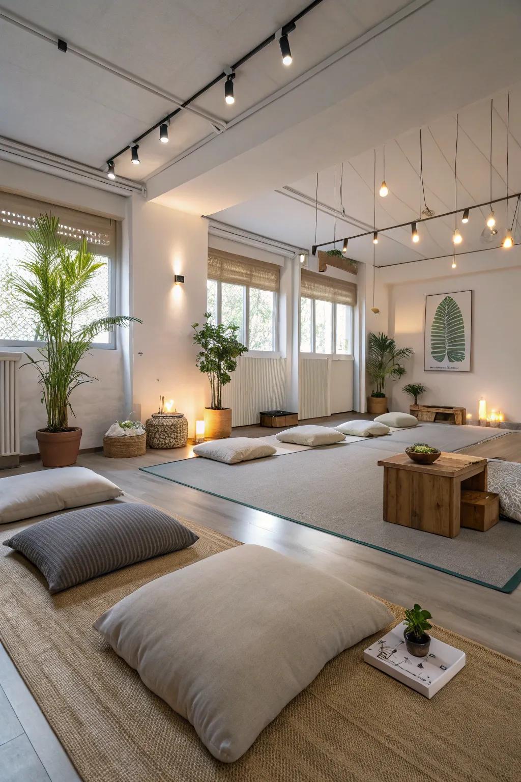 A tranquil meditation and yoga space in a flex room.