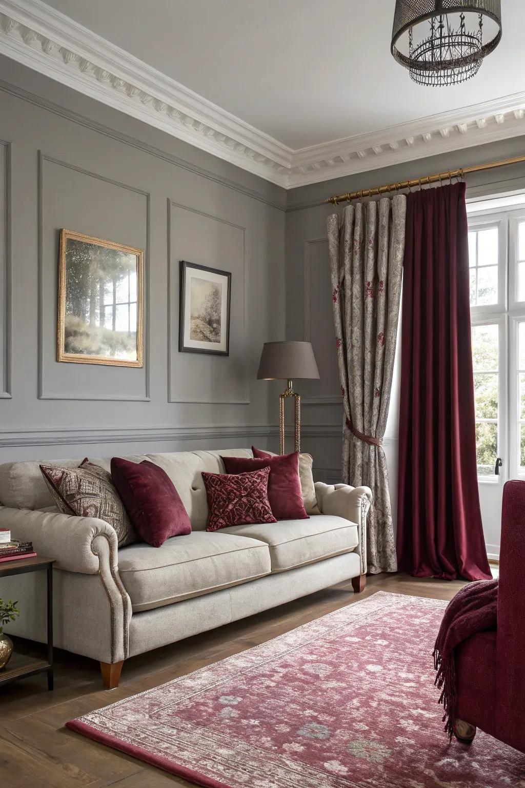Living area featuring neutral walls enhanced with crimson decor.