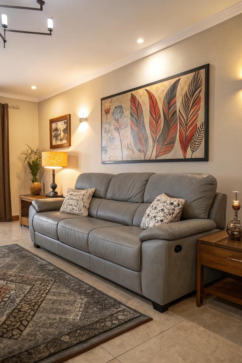 An ash leather lounger highlighting a stunning focal point in the living room.