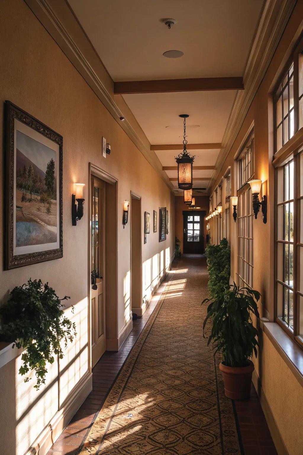 Layered lighting adds depth and enhances the hallway's mood.