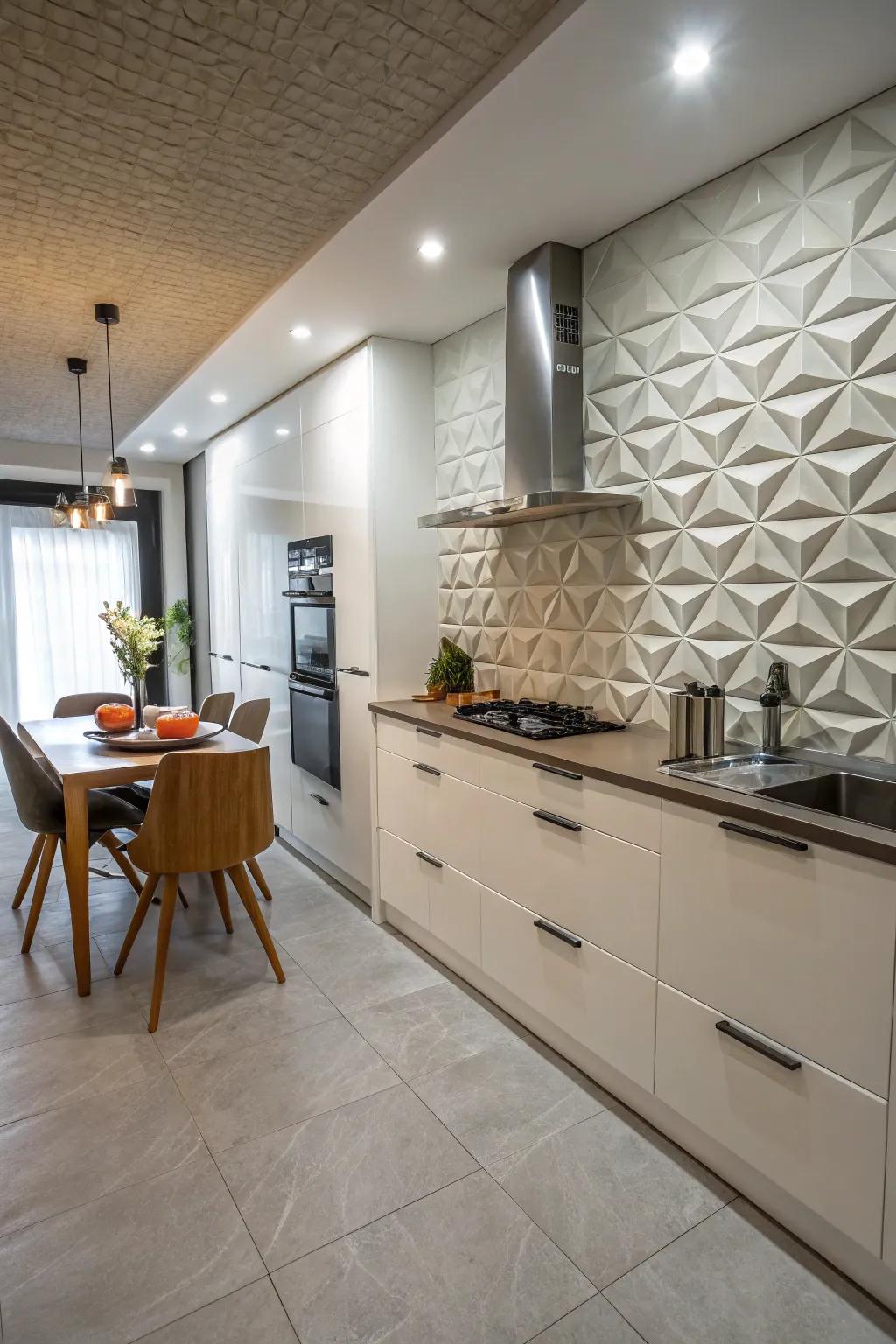 3D tiles provide texture and dimension to kitchen walls.