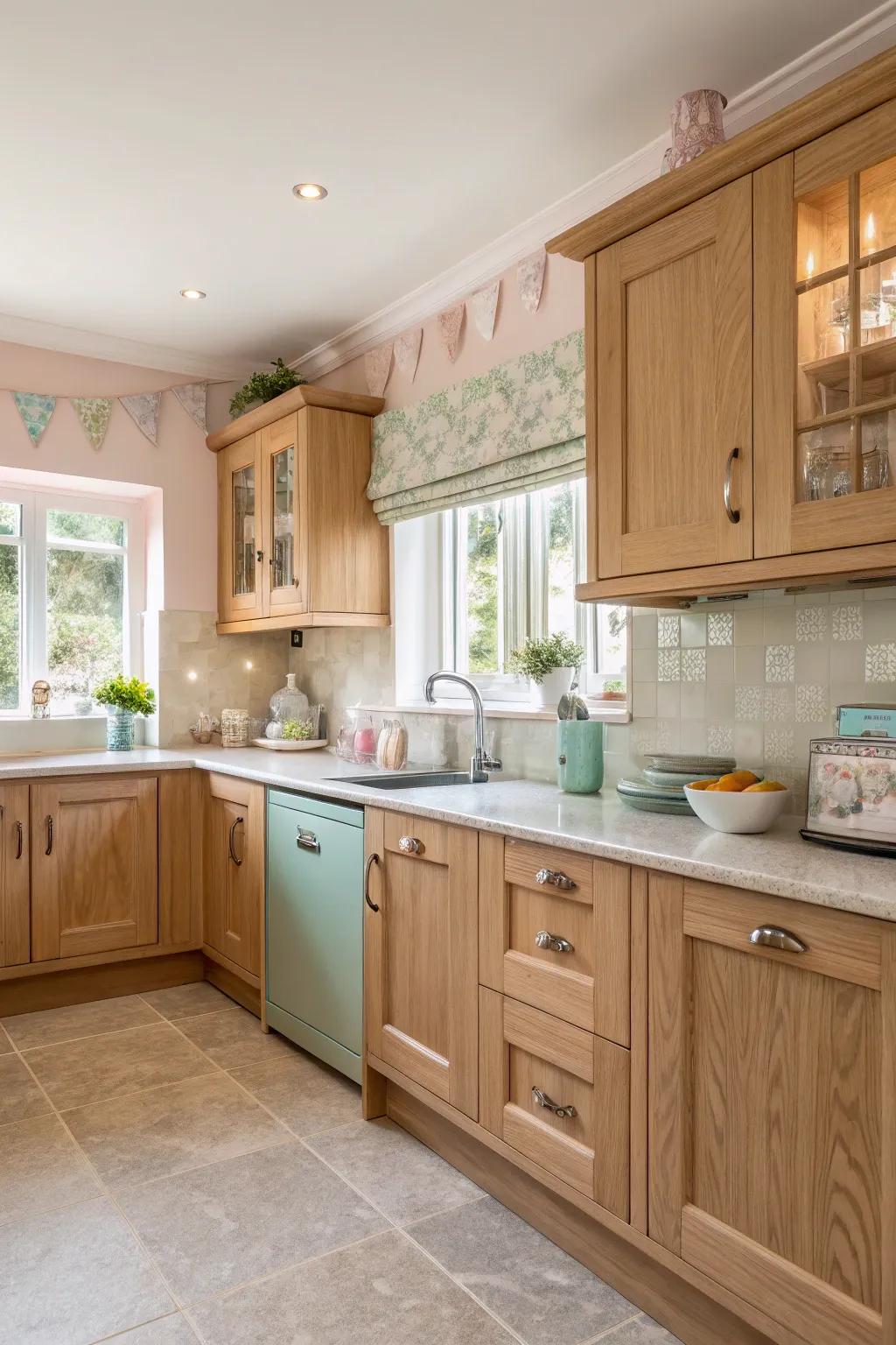 Soft-toned accents bring a gentle, tranquil touch to kitchens fitted with oak.