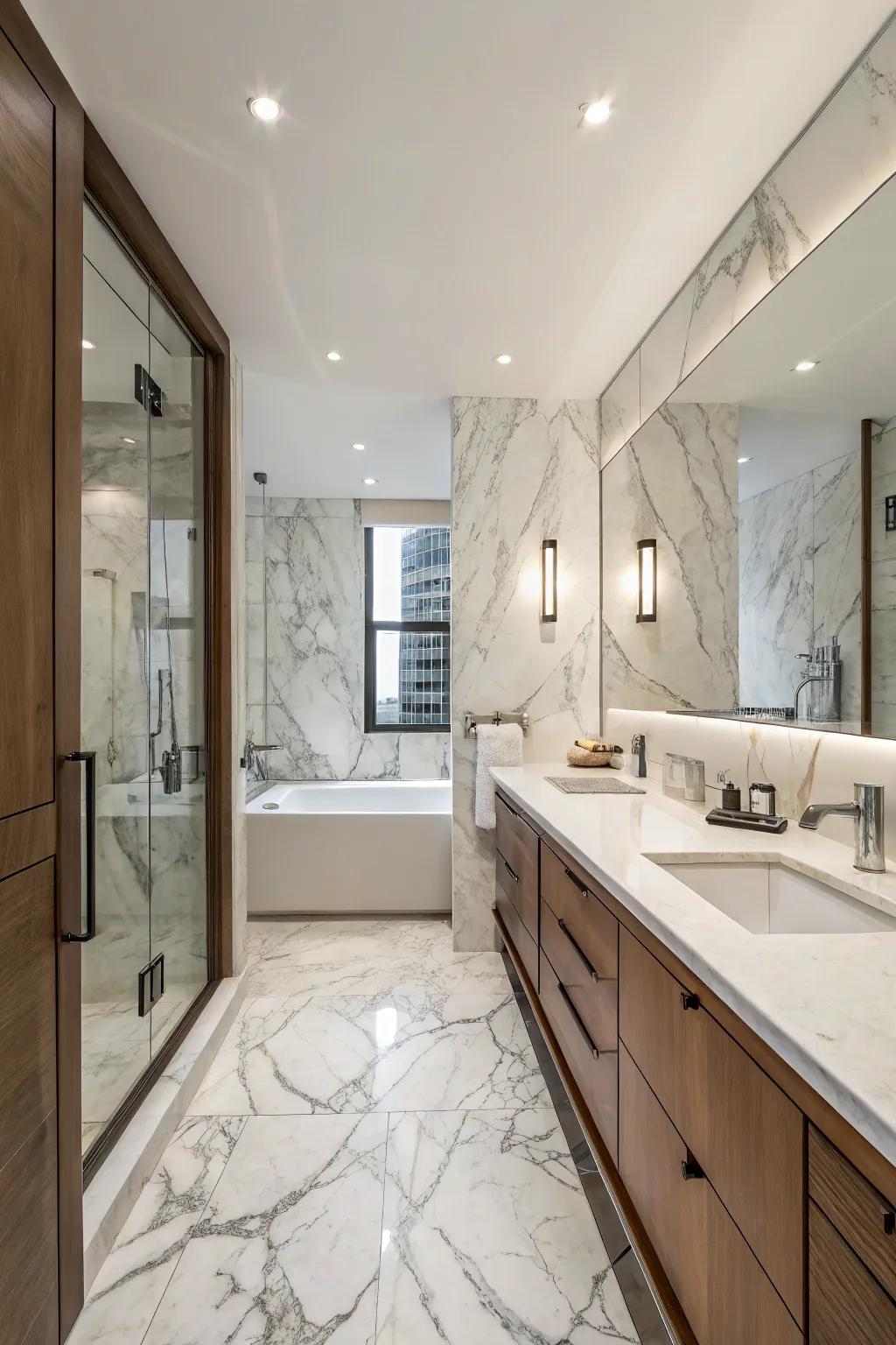 Marble adds an elegant touch to this modern bathroom.