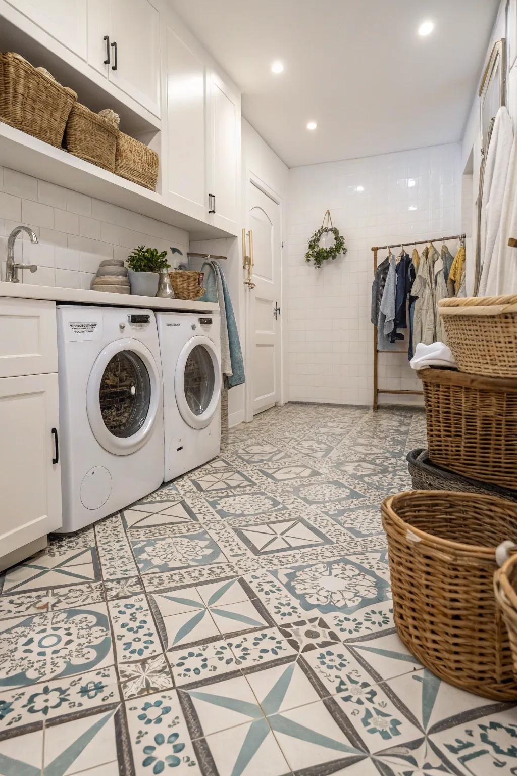 A statement floor design adds character to your laundry area.