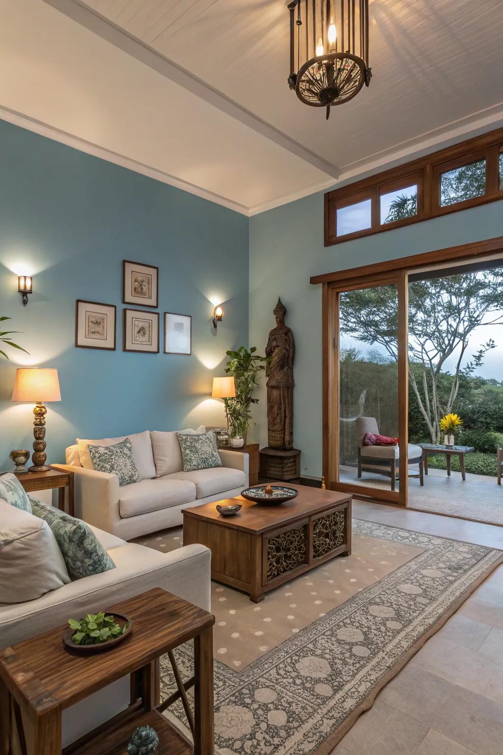 Azure walls evoke a sense of tranquility and openness in this serene living room.