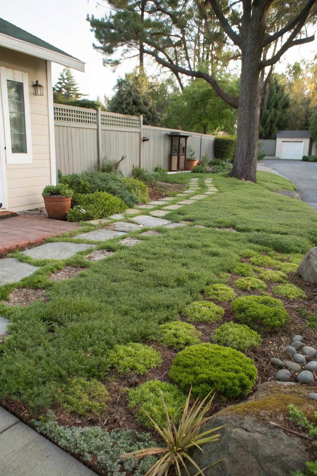 Low-growing ground covers providing a grass alternative in a contemporary front yard.