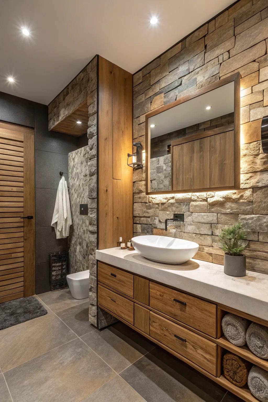 Textured accents append depth and interest to the bathroom.