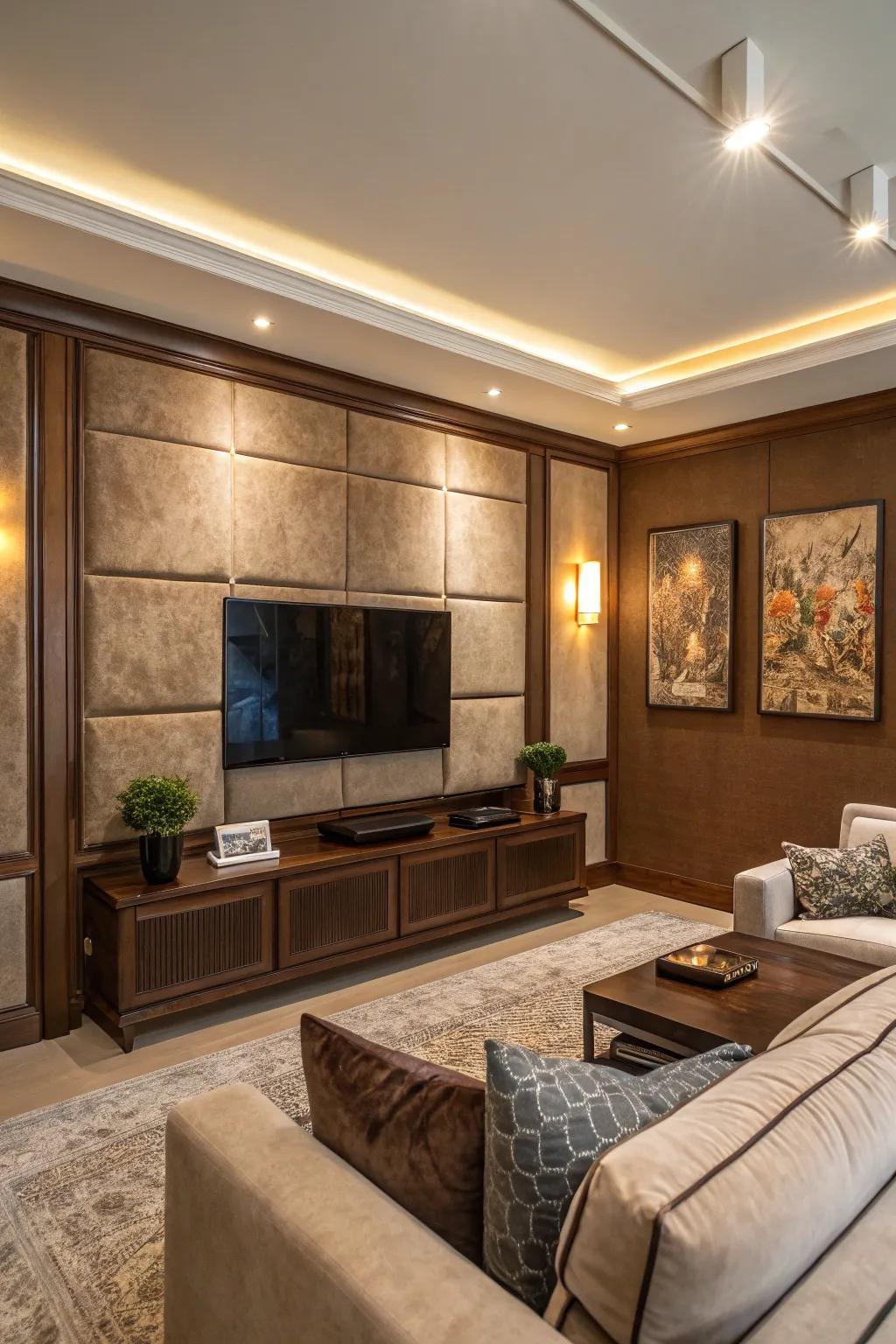 A faux-suede setting introduces luxury and elegance to a media wall.