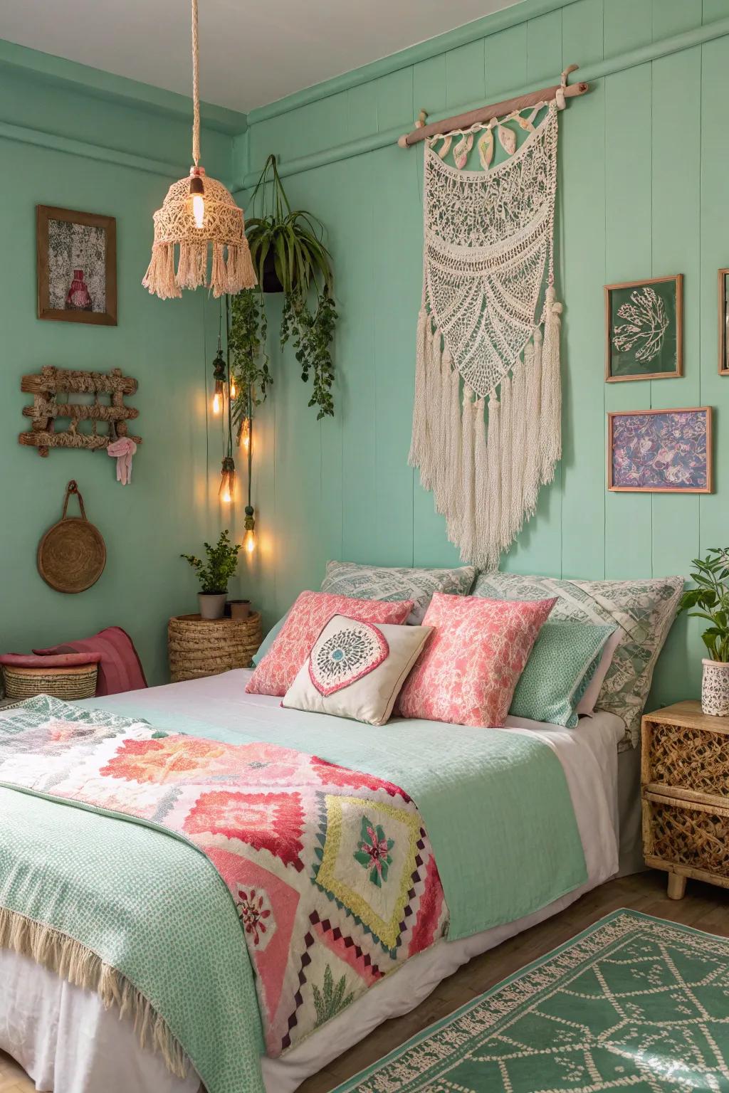 Eclectic bohemian style in a mint green bedroom.