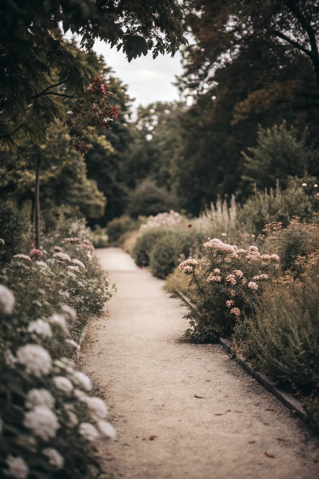 A garden path utilizing monochromatic tones for a cohesive look.