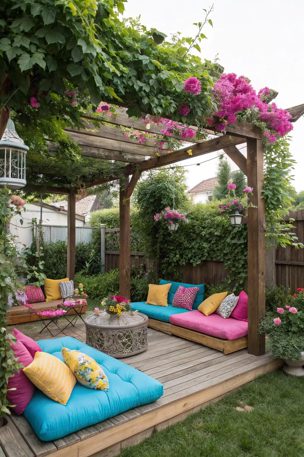 Colorful accents turn your pergola into a vibrant focal point.