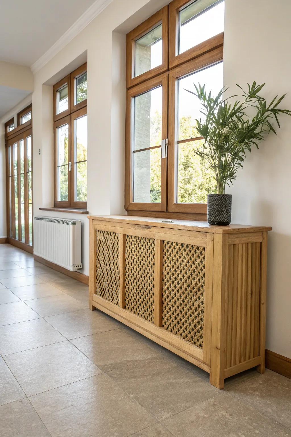 A radiator cover crafted from sustainable bamboo.