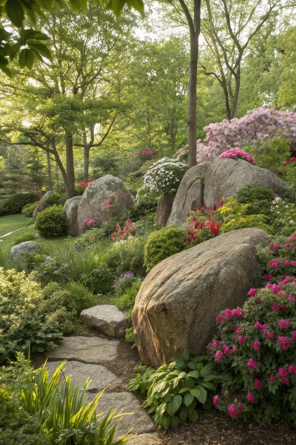 Boulders act as organic central points, grounding the garden design.